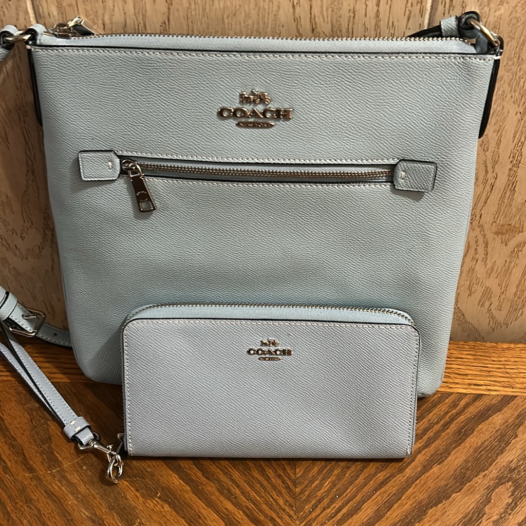 Coach Light Blue Crossbody Bag & Wallet, Vgu. Tiny Spot On Back, Not Noticeable